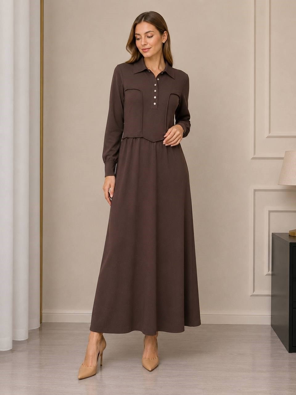 Miss Dalida 3264003 Kahve Gömlek Yaka Uzun Triko Elbise