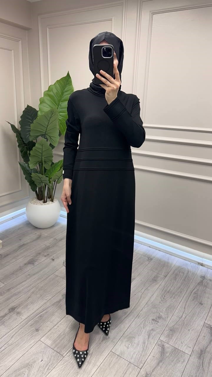 Miss Dalida 3264010 Siyah Bekletme Detaylı Dik Yaka Uzun Elbise