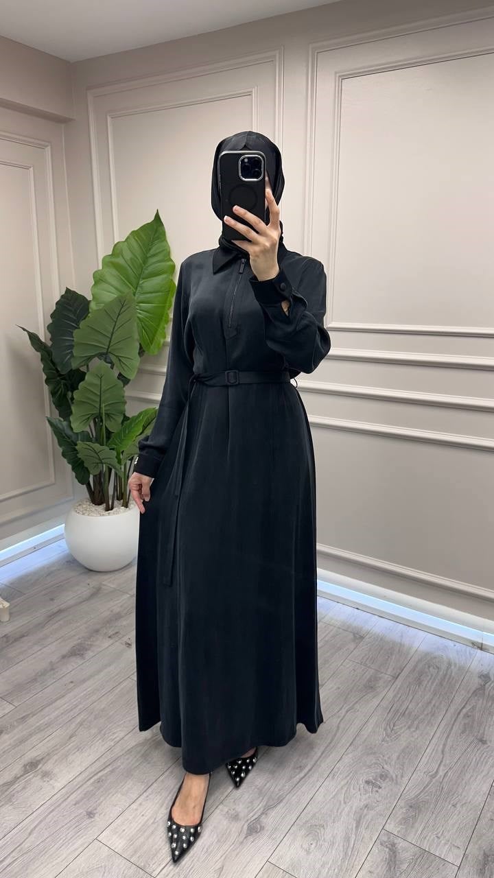 Miss Dalida 3264801 Siyah Cep Kapaklı Gömlek Yaka Uzun Elbise