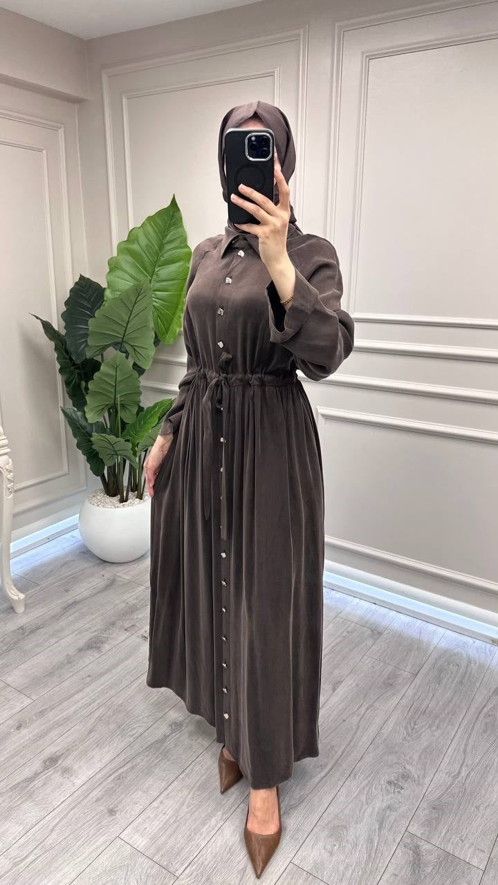 Miss Dalida 3264802 Kahve Beli Büzgülü Gömlek Yaka Uzun Elbise