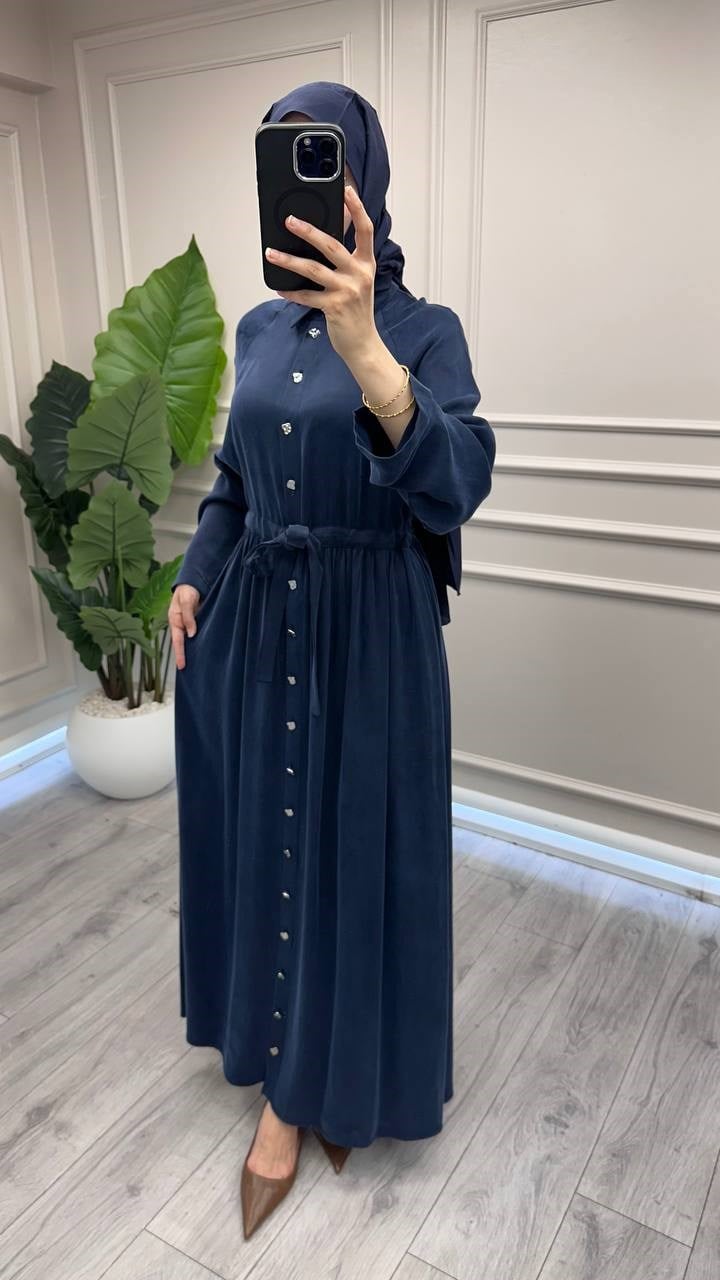Miss Dalida 3264802 Lacivert Beli Büzgülü Gömlek Yaka Uzun Elbise