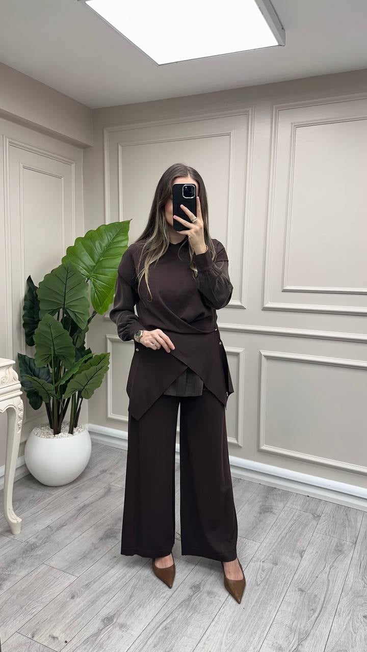 Miss Dalida 3266007 Metal Düğme Detaylı Kahve Asimetrik Tunik