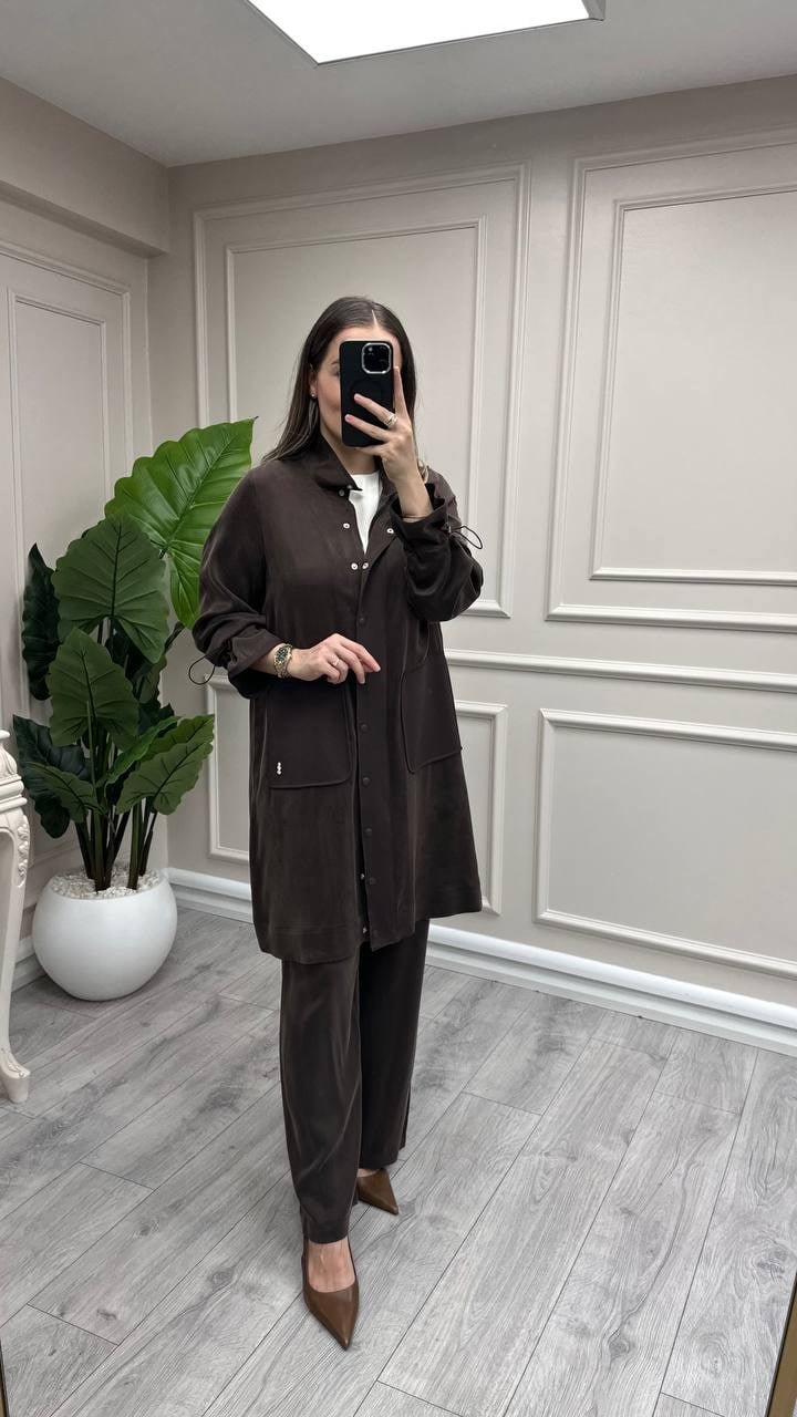 Miss Dalida 3268804 Büzgü Kol Detaylı Kakao Uzun Ceket