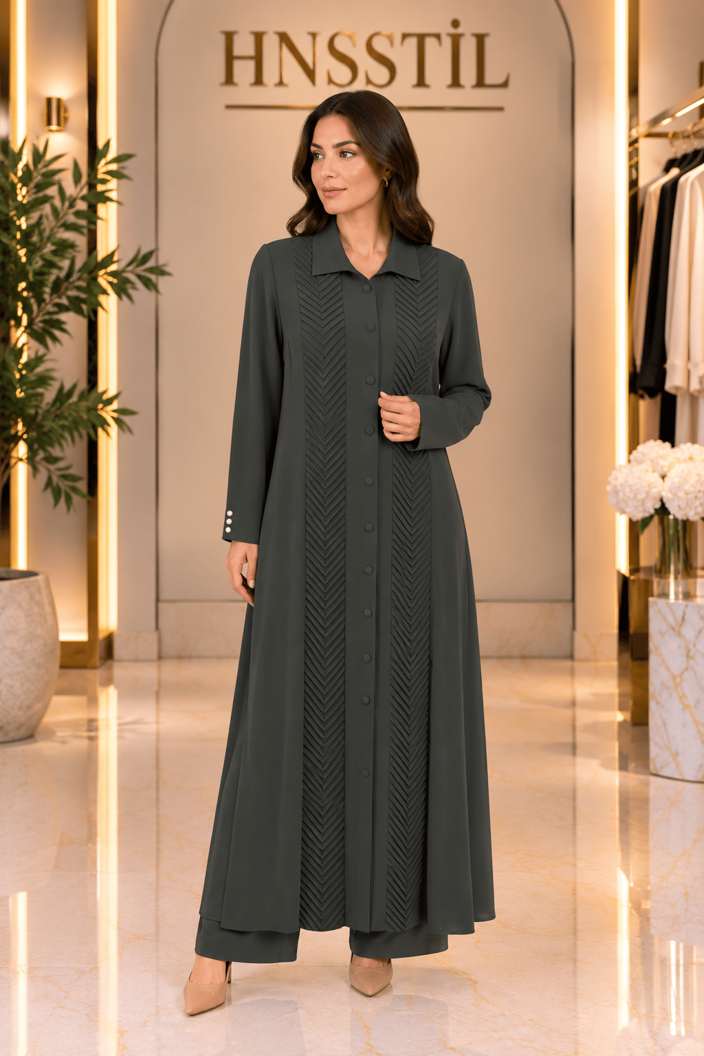 Miss Dalida 3269027 Balıksırtı Desenli Gömlek Yaka Haki Triko Hırka