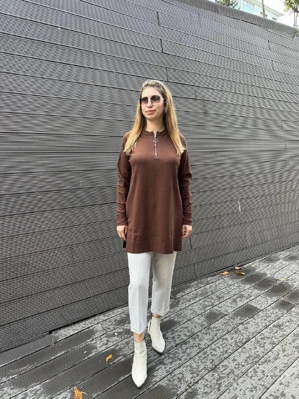 Missemramiss T4587 Kahverengi Live Fermuar Detaylı Triko Kazak
