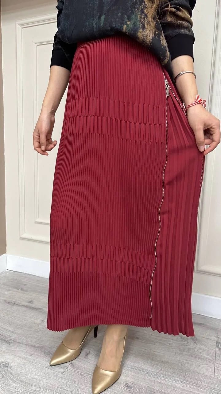 Misswhence 33902 Bordo Fermuar Detaylı Pilise Etek