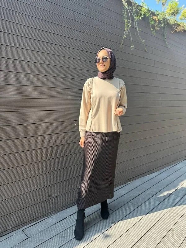 Misswhence 33902 Kahve Fermuar Detaylı Pilise Etek