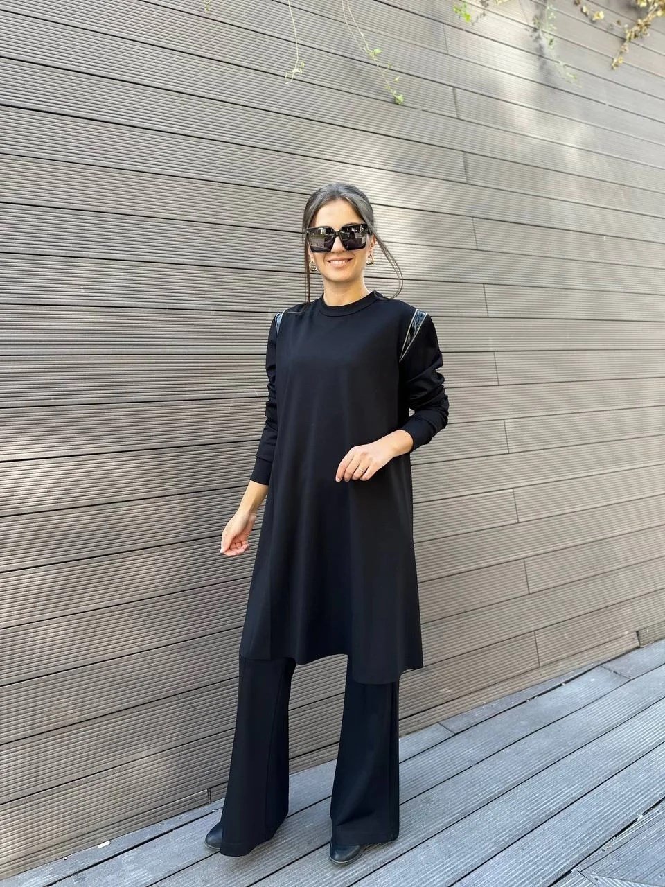 Misswhence 34012 Siyah Omzu Fermuarlı Uzun Tunik