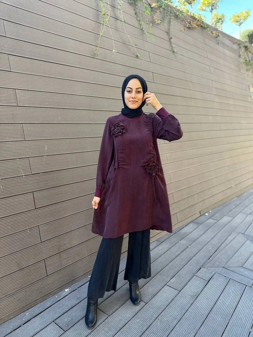 Misswhence 34026 Bordo Gül Detaylı İpek Tunik