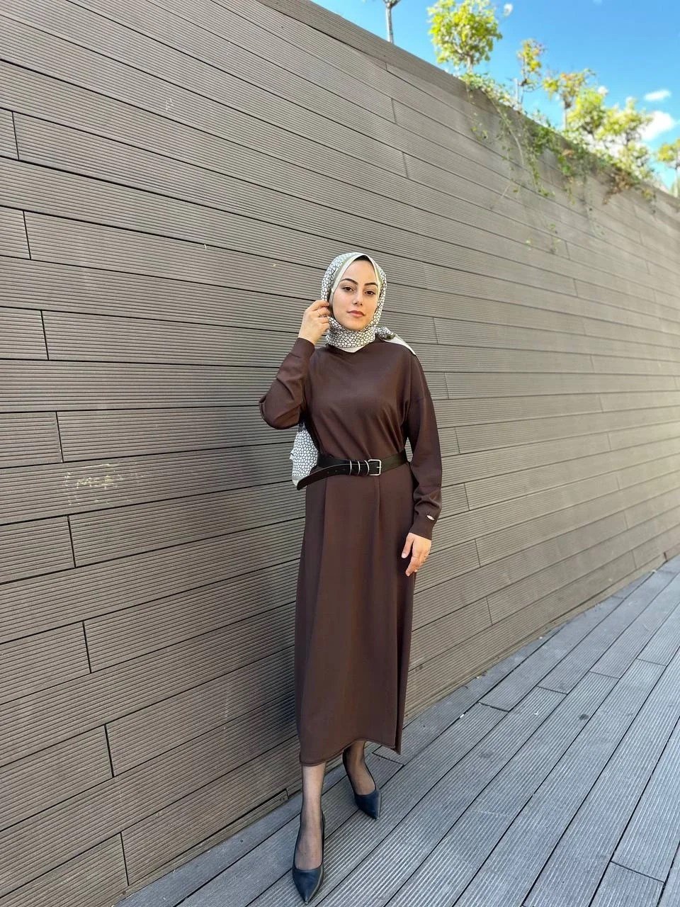 Misswhence 34801 Kahverengi Kemerli Kafesli Elbise