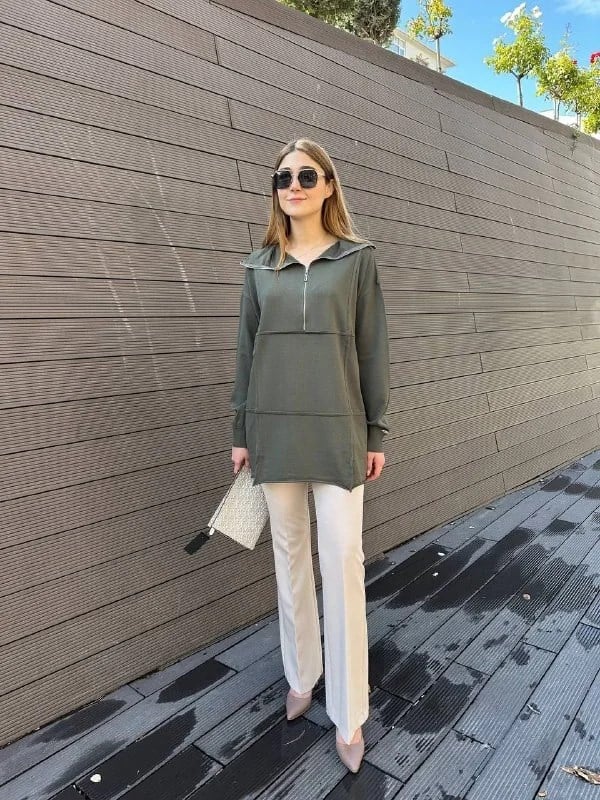 Misswhence 36016 Haki Fermuar Detaylı Triko Tunik