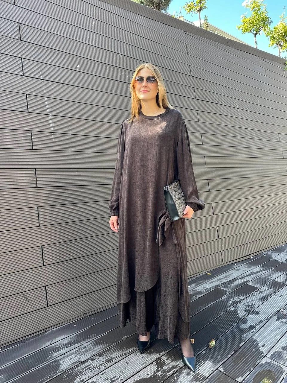 Misswhence 36019 Kahverengi İpek Tunik Takım
