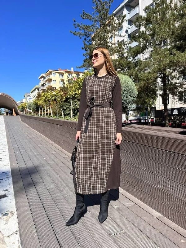 Misswhence 36814 Kahverengi Desenli Elbise