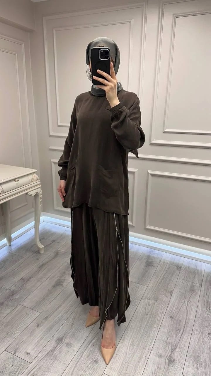 Misswhence 39004 Kahverengi Pantolonu Detaylı Takım