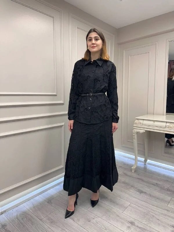 Misswhence 39306 Siyah Güpür Detaylı Takım