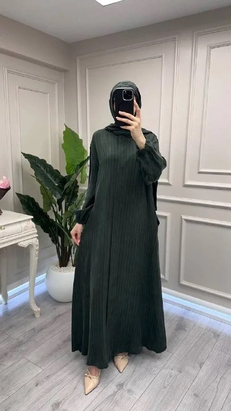 Misswhence 39514 Yeşil Çizgi Detaylı Şallı Ferace