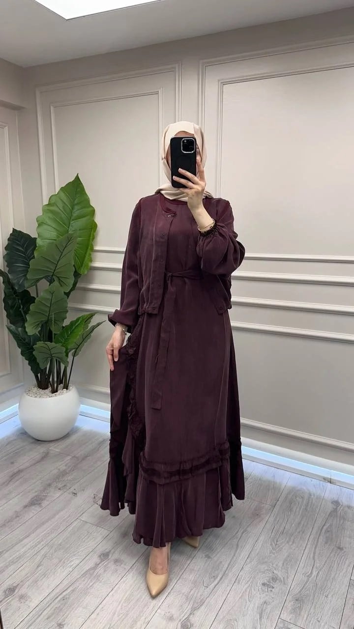 Misswhence 39815 Bordo Yelekli Etek Ucu Detaylı Elbise