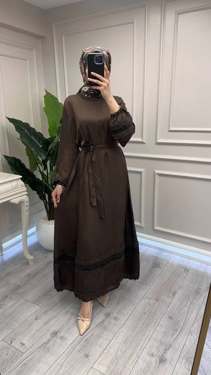 Misswhence 39836 Kahverengi Dantel Detaylı Elbise