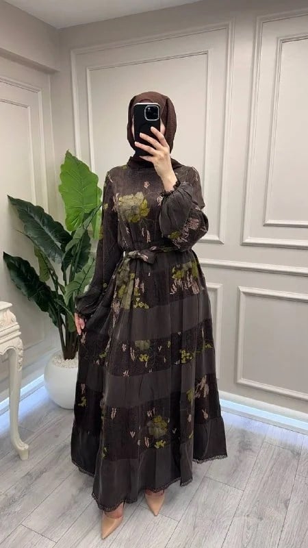 Misswhence 39843 Kahverengi Şerit Detaylı Desenli Elbise