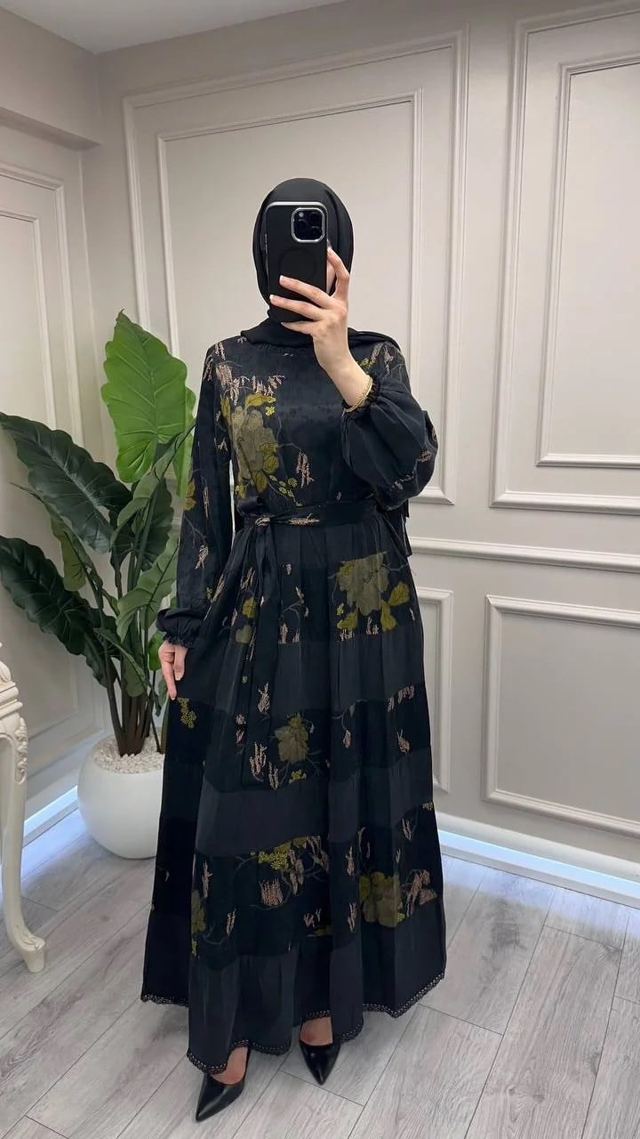Misswhence 39843 Siyah Şerit Detaylı Desenli Elbise