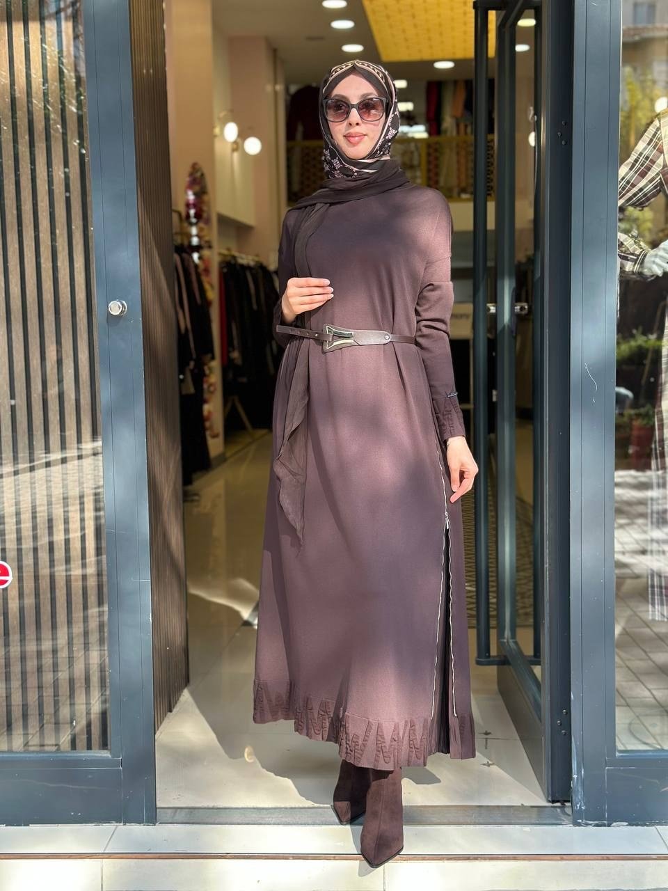 Misswhence 40826 Kahverengi Etek Ucu Detaylı Elbise