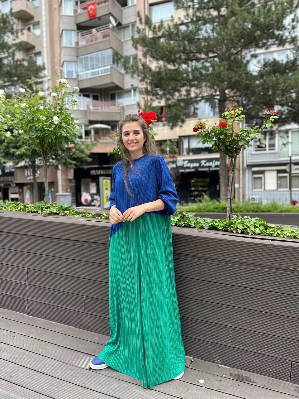 Noi 53260 Sax Kendinden Kraşlı İki Renk Elbise