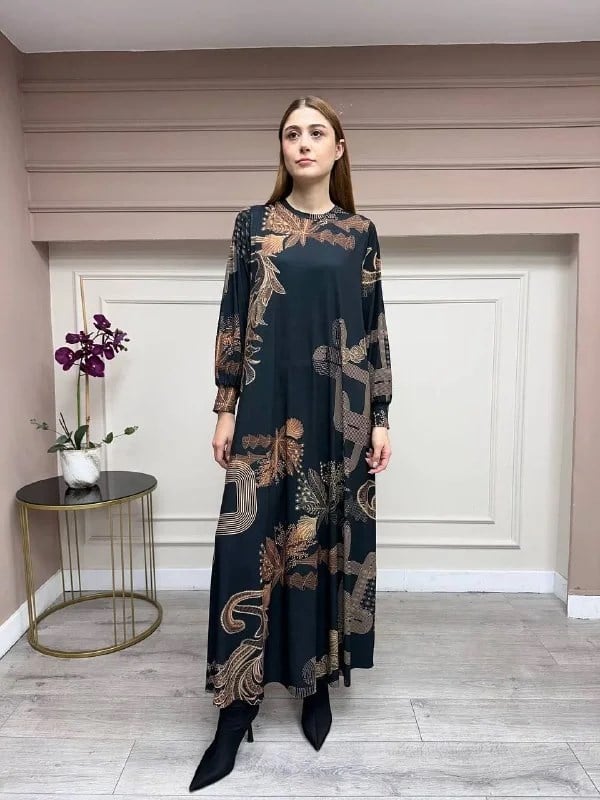 Noi 74226 Siyah Jarse Çiçek Desenli Elbise