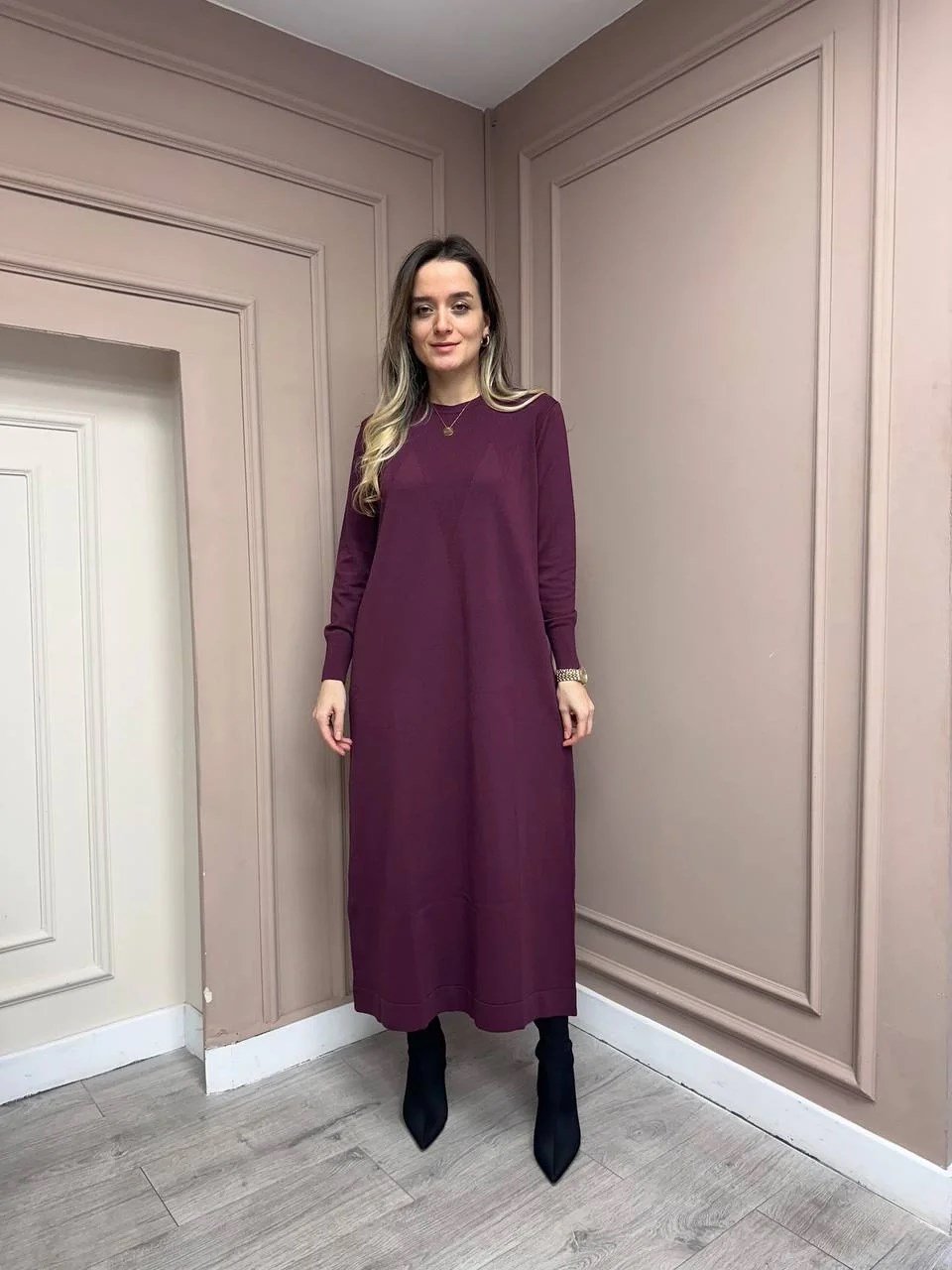 Nuss Triko 25Y1420 Bordo Fitil Detaylı Triko Elbise