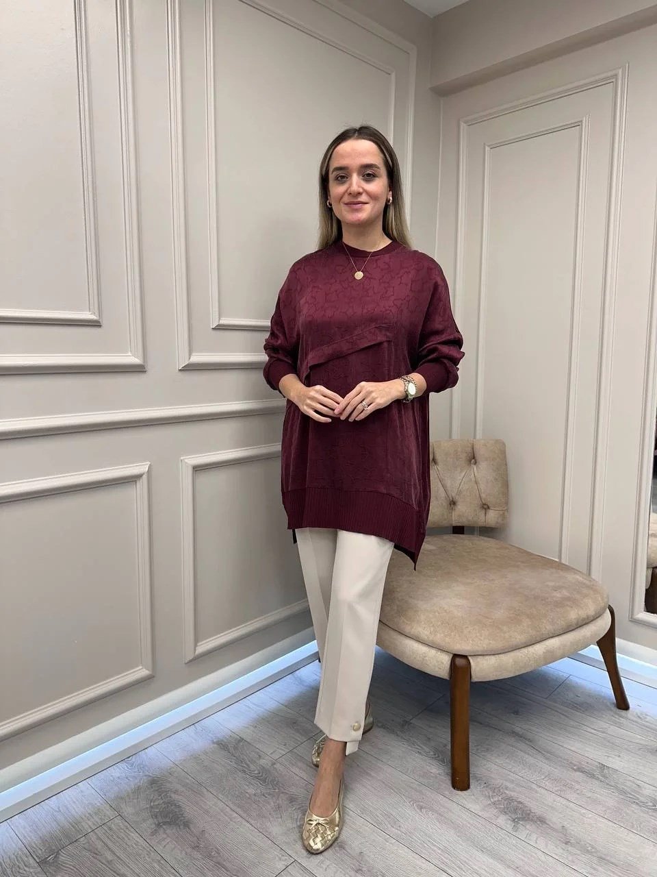 Nuss Triko 26K3003 Bordo Önü Detaylı Tunik