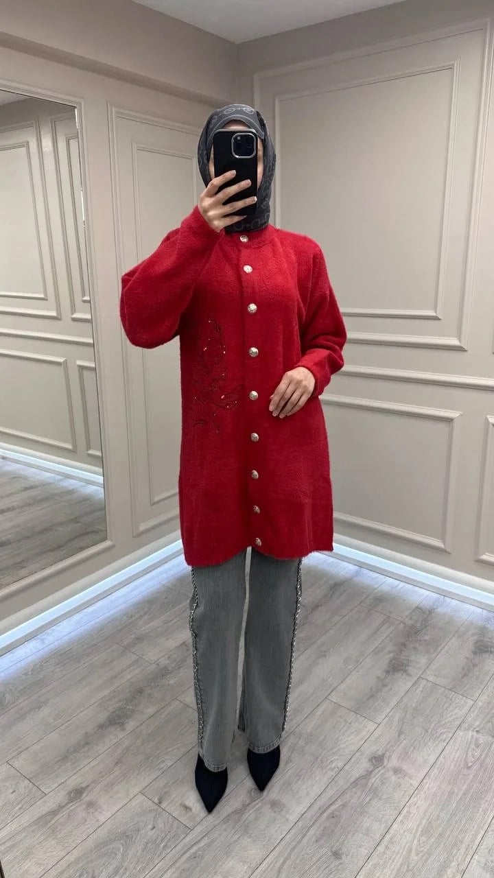 Nuss Triko 26K7007 Kırmızı Angora Hırka