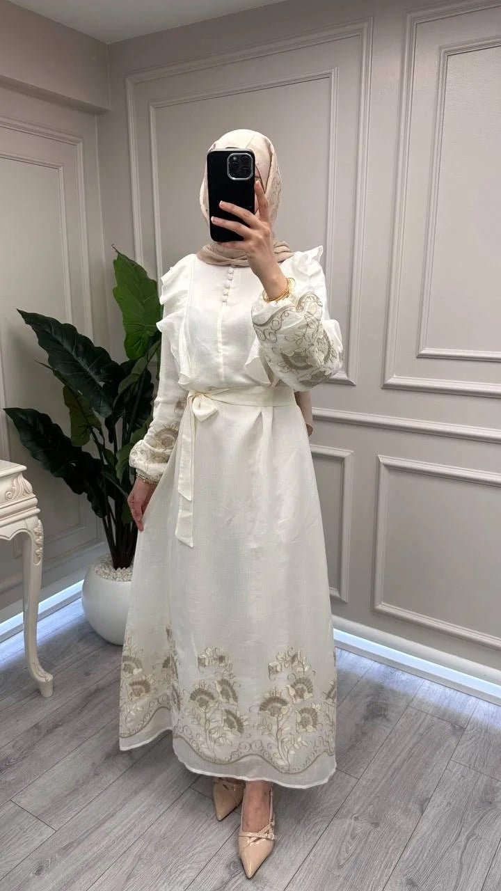 Nuss Triko 26Y2053 Krem Nakış İşleme Detaylı Elbise
