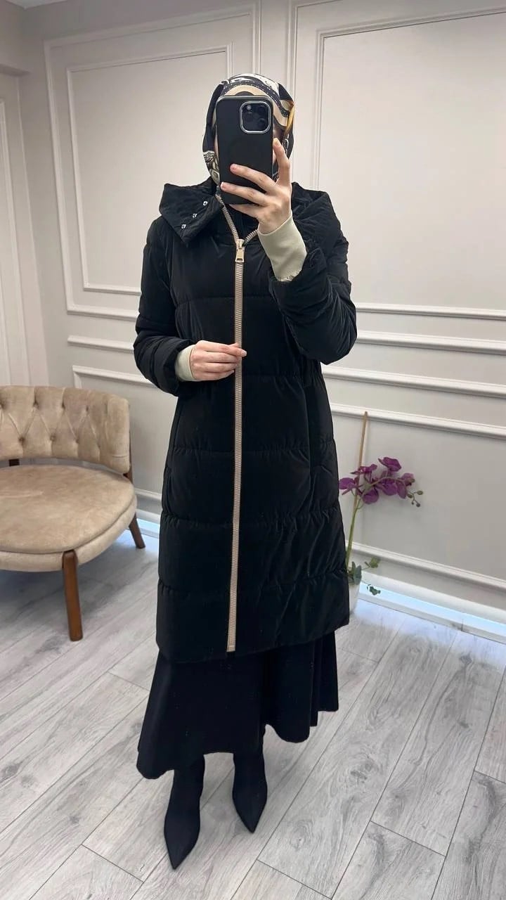Trenç 5755 Siyah Ribanalı Kapitone Kaban