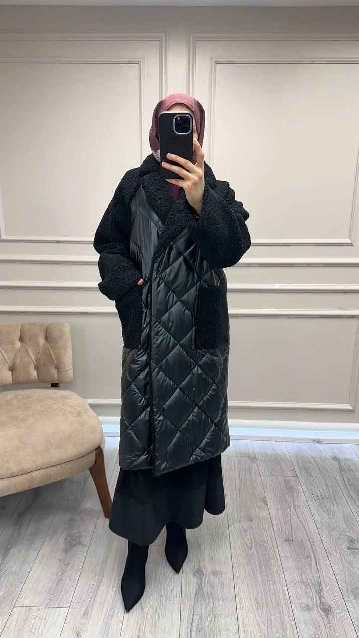 Trenç 5839 Siyah Peluş Detaylı Parlak Kapitone Kaban