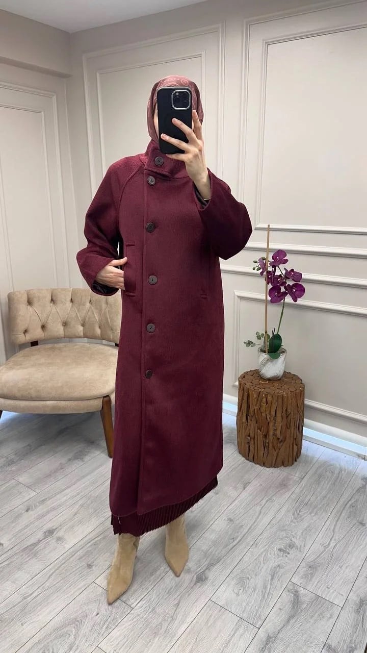 Trenç 6014 Bordo Dik Yaka Düğmeli Kaşe Kaban
