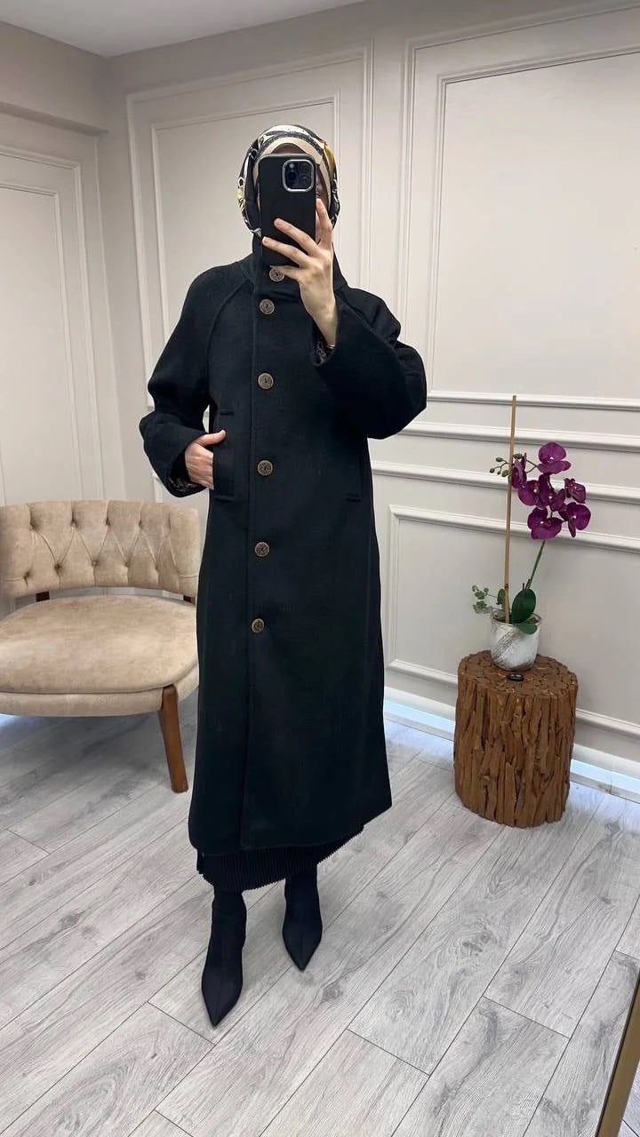 Trenç 6014 Siyah Dik Yaka Düğmeli Kaşe Kaban