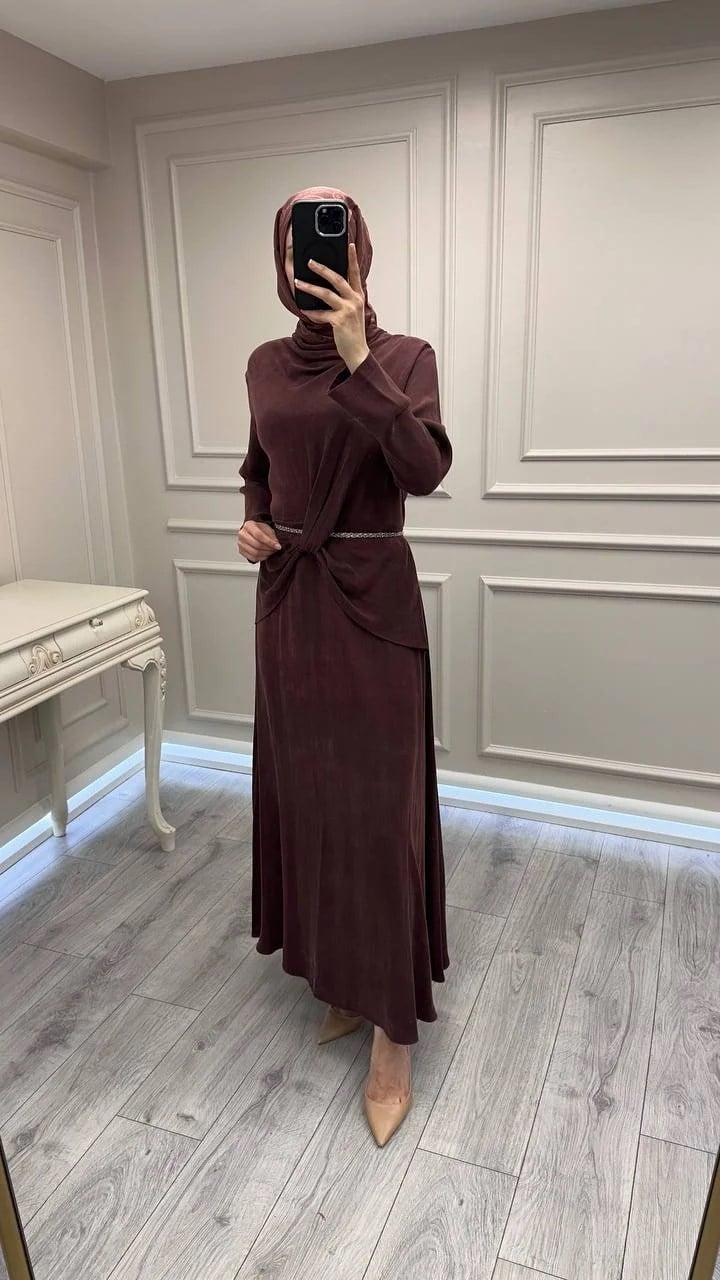 Wennora 1002 Bordo Kemer ve Bel Detaylı Elbise