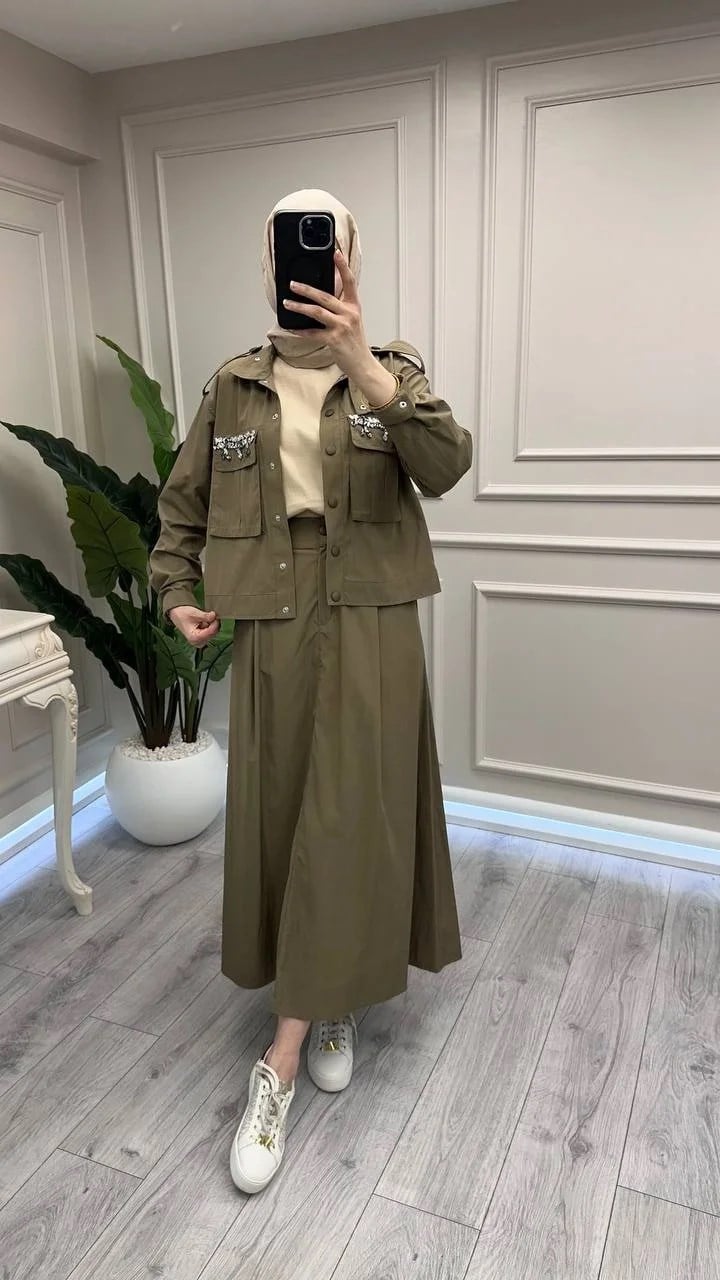 Wennora 1007 Haki Cepleri Taş İşlemeli Takım