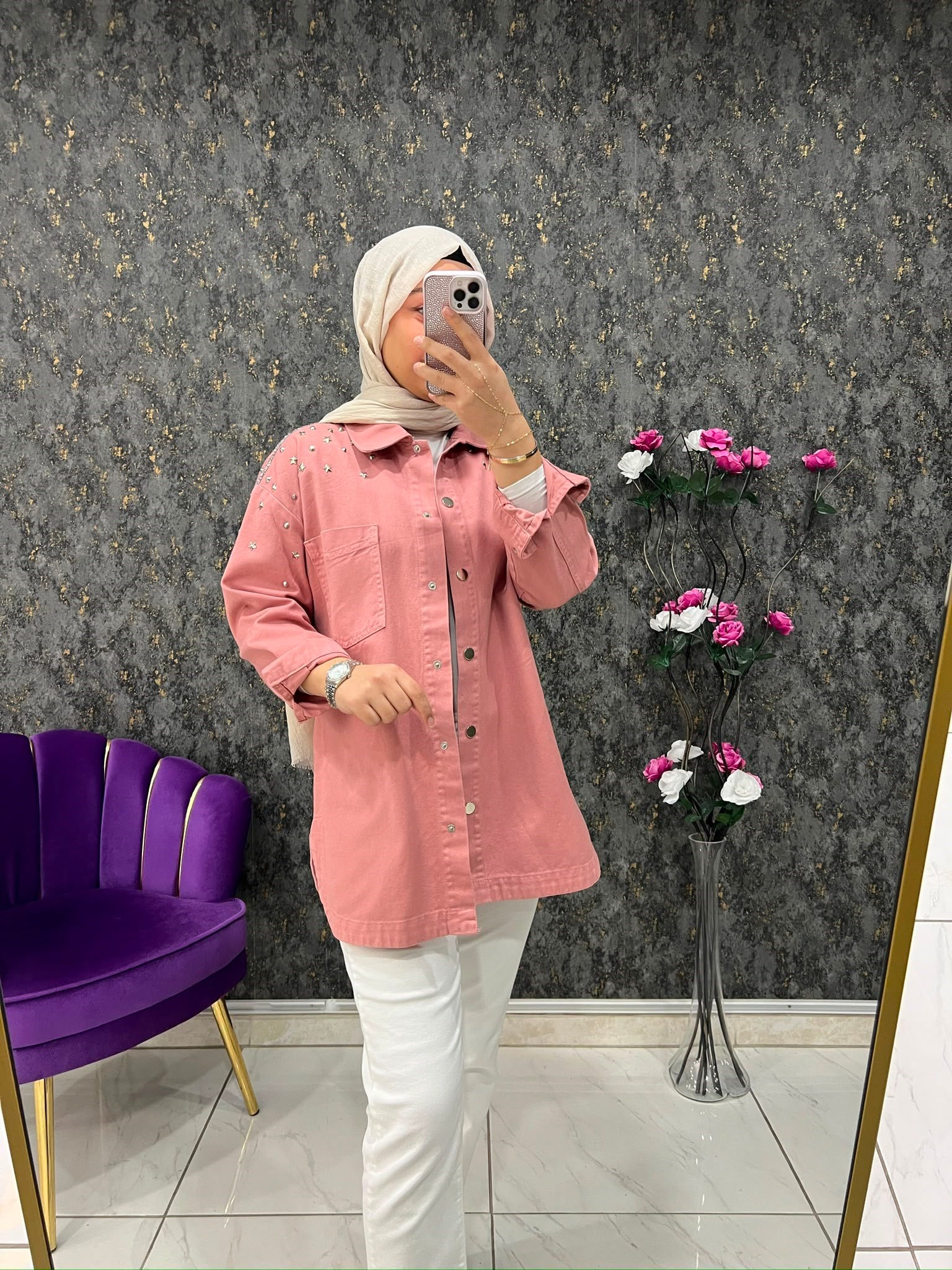 TAŞLI KOT CEKET PEMBE