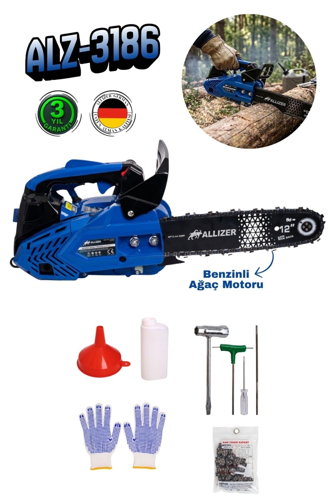 Allizer ALZ-3186 Profesyonel Benzinli Mini Testere - Çift Zincirli Budama ve Ağaç Kesme Makinesi