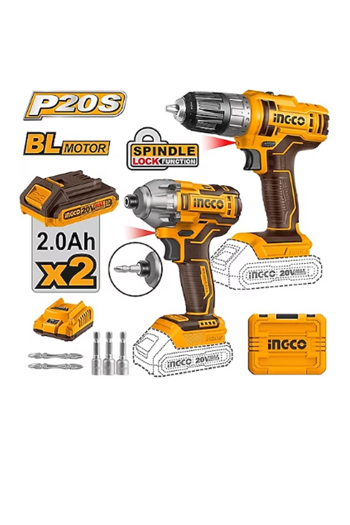 INGCO Lİ-İON AKÜLÜ 2 Lİ KOMBO SET - MATKAP VE VİDALAMA 20V 2