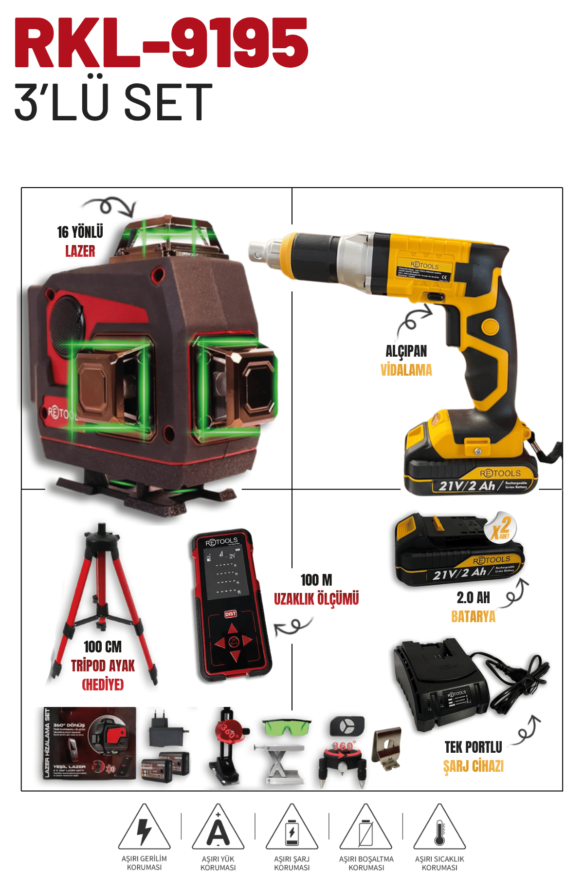 Retools 4'lü Set (Bordo 16 Yönlü Lazer - Lazer Metre - Tripod (100M) + Alçıpan Vidalama)