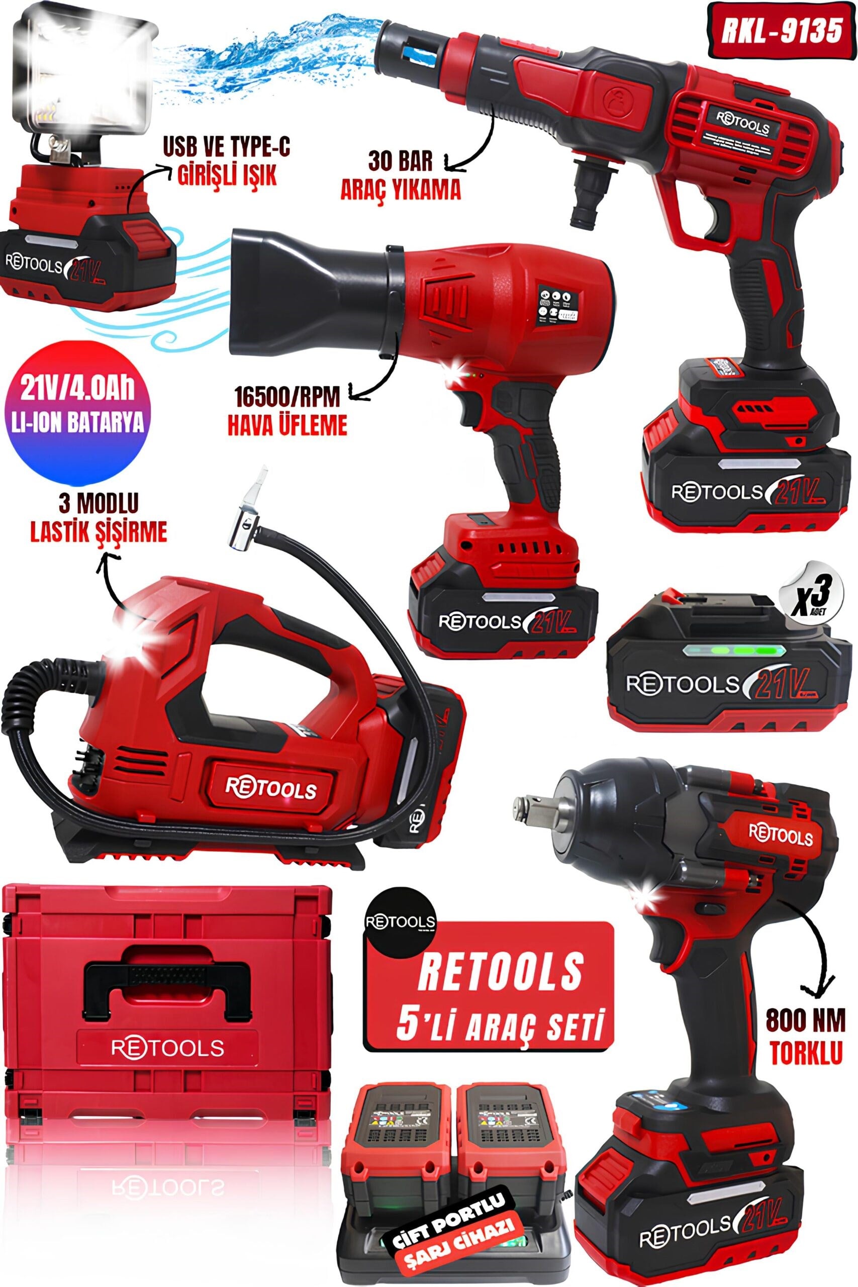 RETOOLS 5’Lİ SET KIRMIZI KABARTMALI ARAÇ SETİ (800 NM TORKLU – ARAÇ YIKAMA – IŞIK – LASTİK ŞİŞİRME – HAVA ÜFLEME)
