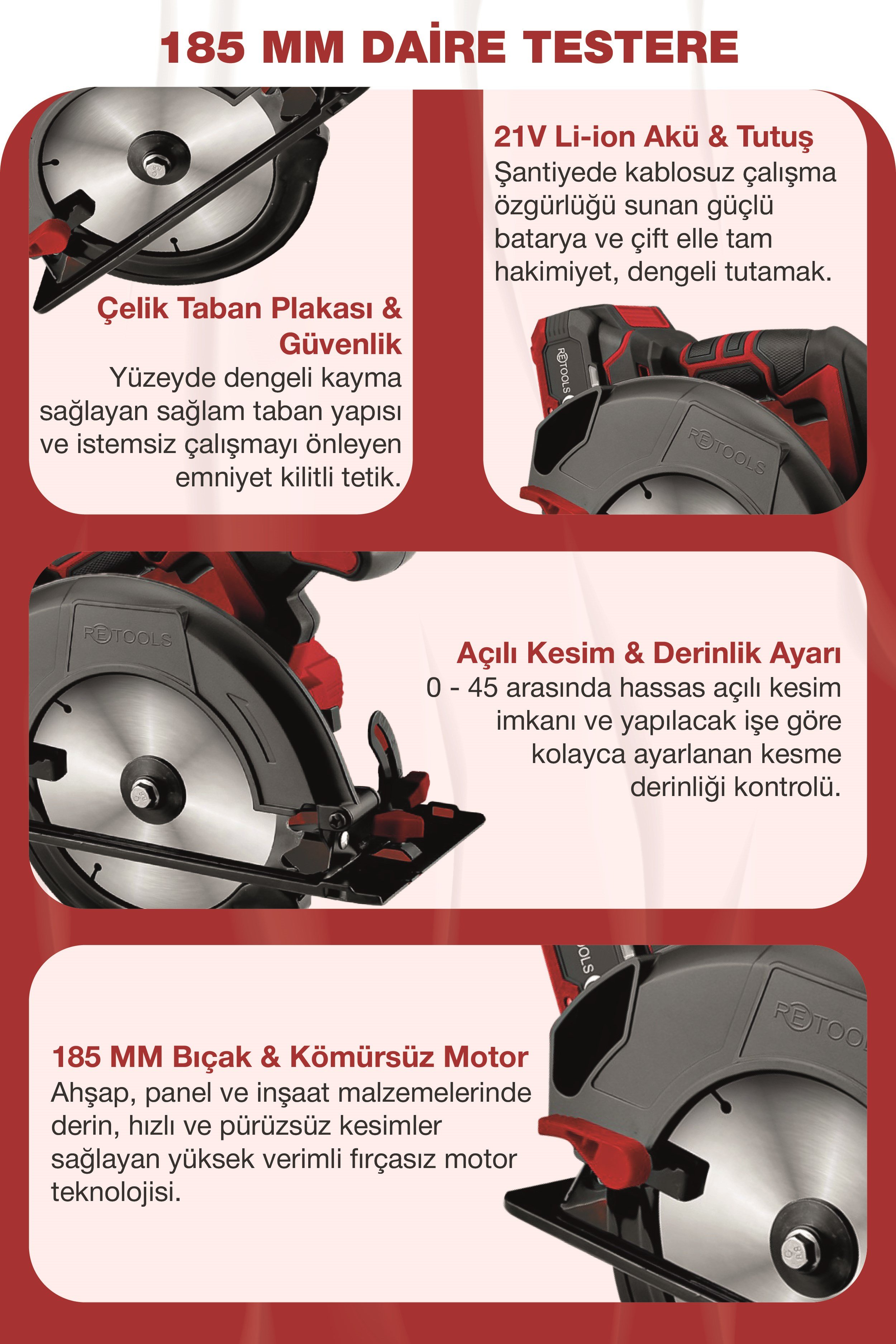 RETOOLS 5830 BORDO 185 MM ŞARJLI DAİRE TESTERE
