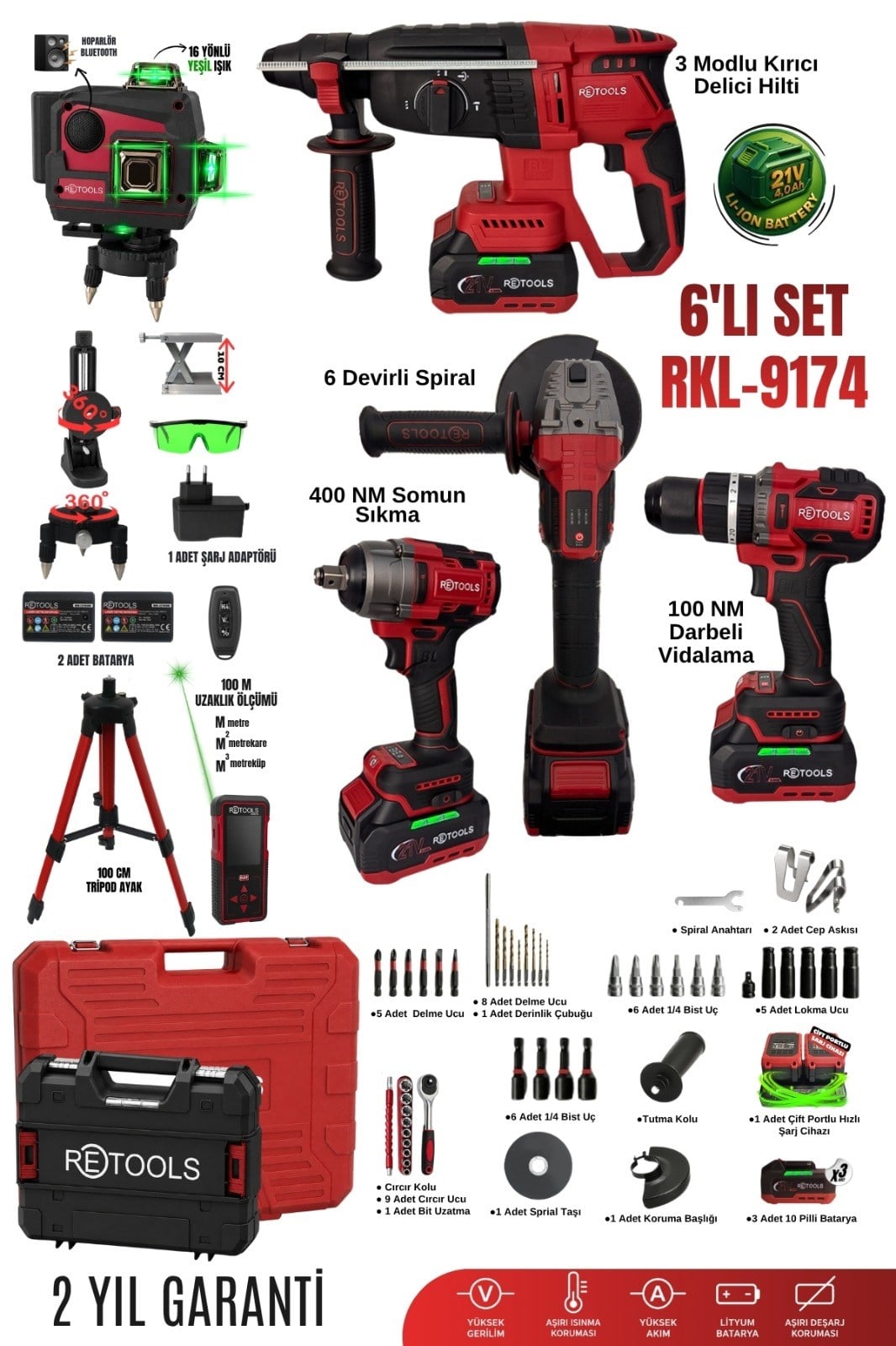 RETOOLS 6'LI SET BORDO ( 4'LÜ SET (100NM) +3'LÜ SET(LAZER-LAZER METRE-TRİPOD AYAK)