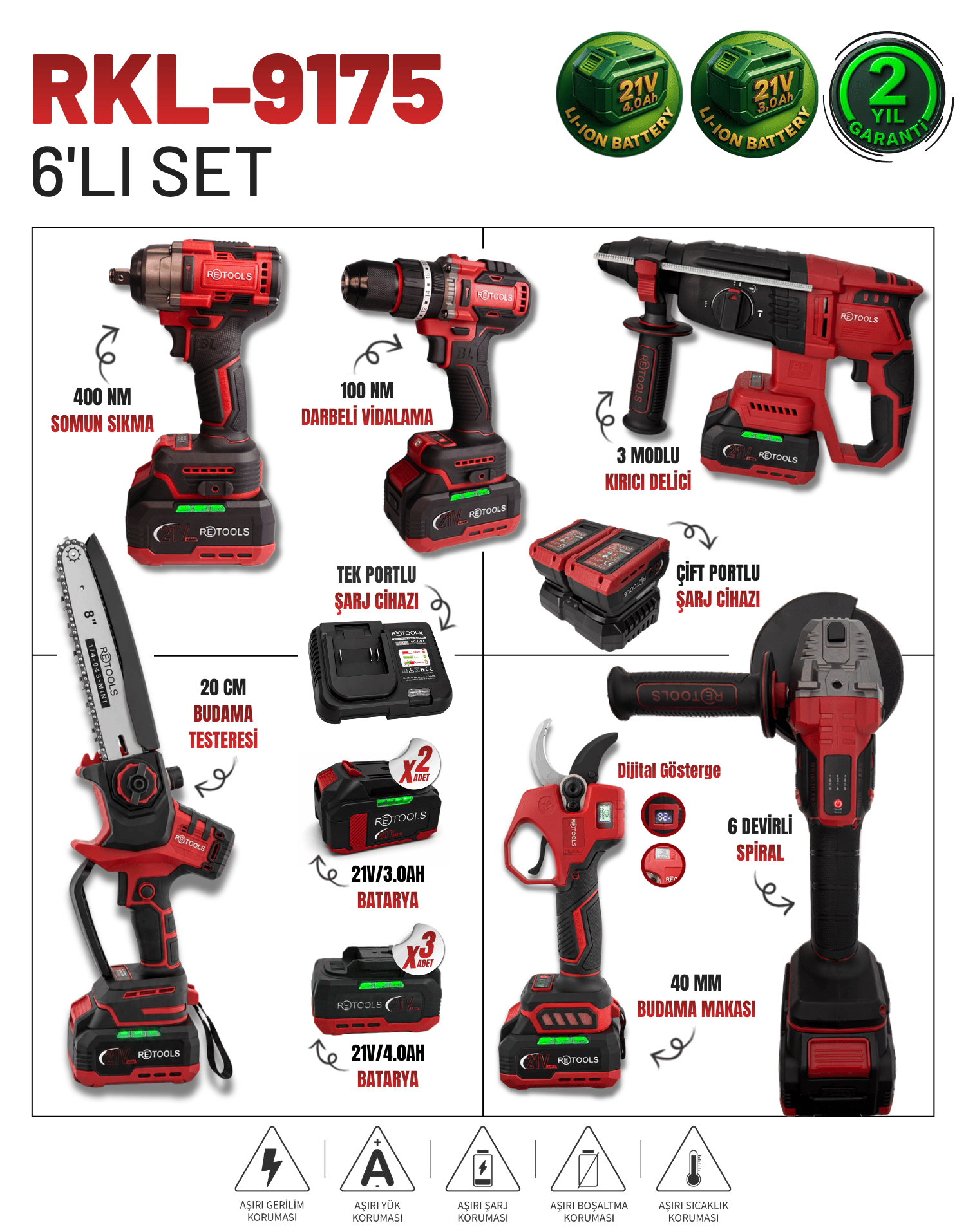 RETOOLS 6'LI SET BORDO (4'LÜ SET(100 NM) 2'Lİ SET (DİJİTAL TESTERE+MAKAS) (5 BATARYA)