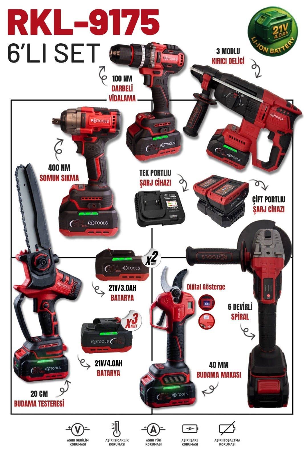 RETOOLS 6'LI SET BORDO (4'LÜ SET(100 NM) 2'Lİ SET (DİJİTAL TESTERE+MAKAS) (5 BATARYA)