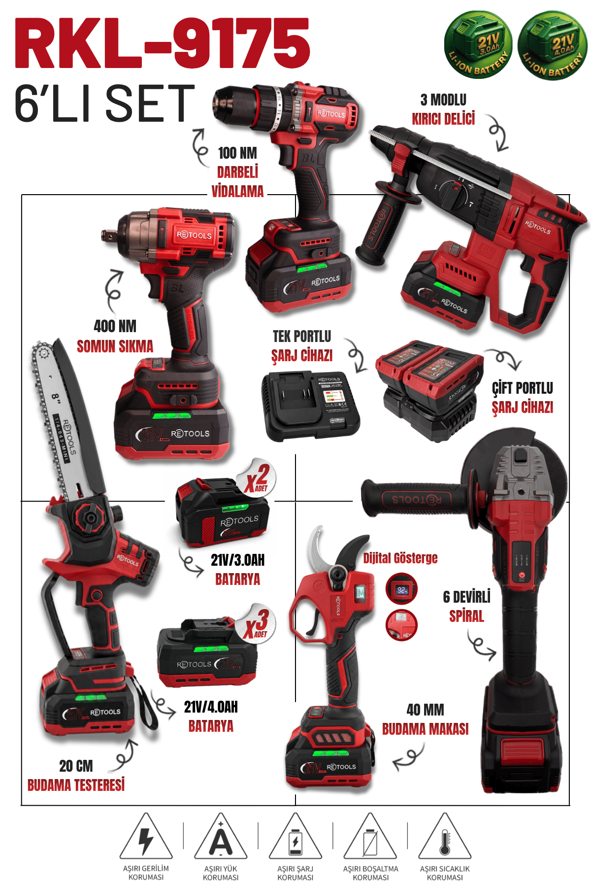 RETOOLS 6'LI SET BORDO (4'LÜ SET(100 NM) 2'Lİ SET (DİJİTAL TESTERE+MAKAS) (5 BATARYA)