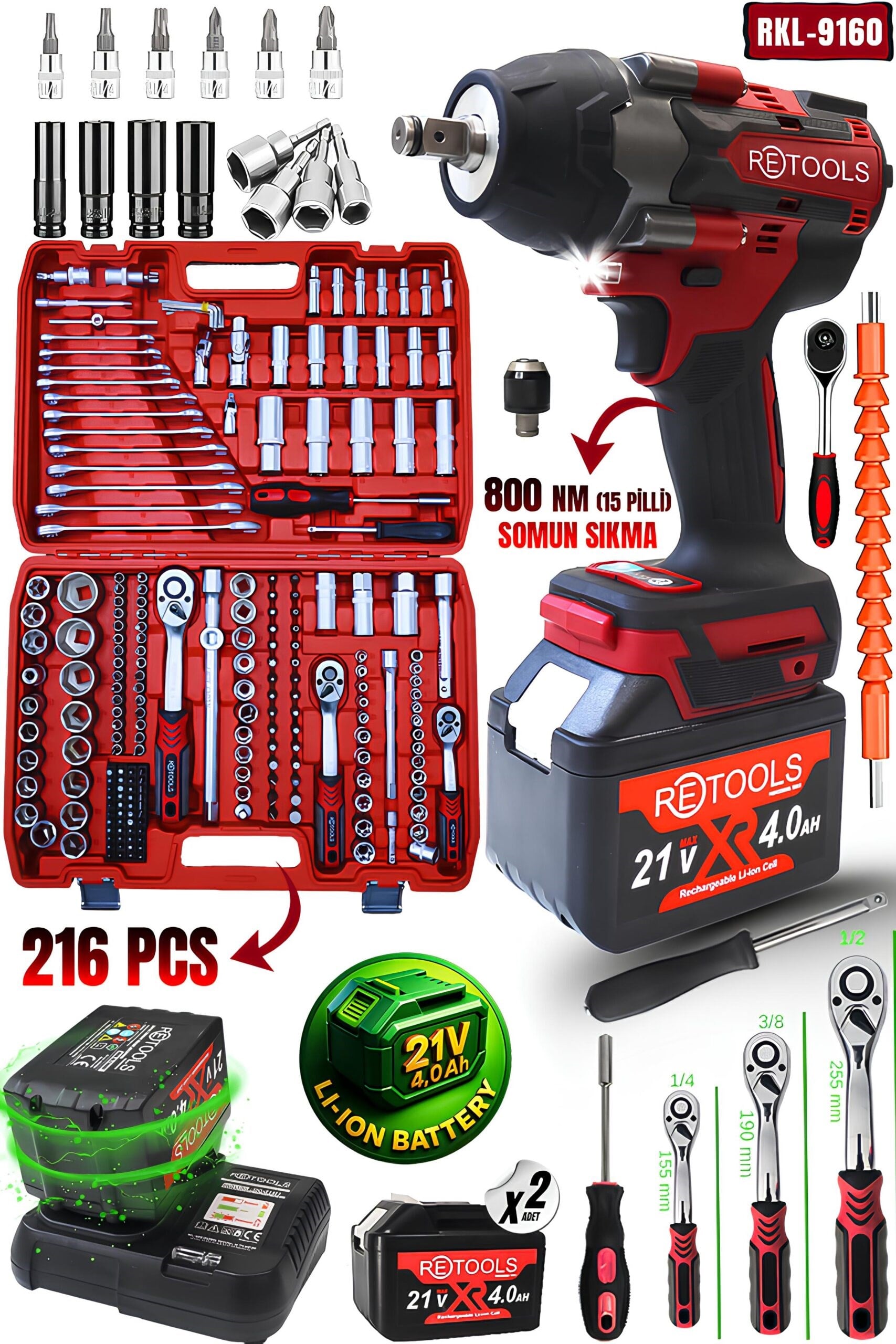 RETOOLS BORDO 2'Lİ SET (BORDO 800 NM TORKLU (15 PİLLİ) - BORDO 216 PARÇA LOKMA TAKIMI)