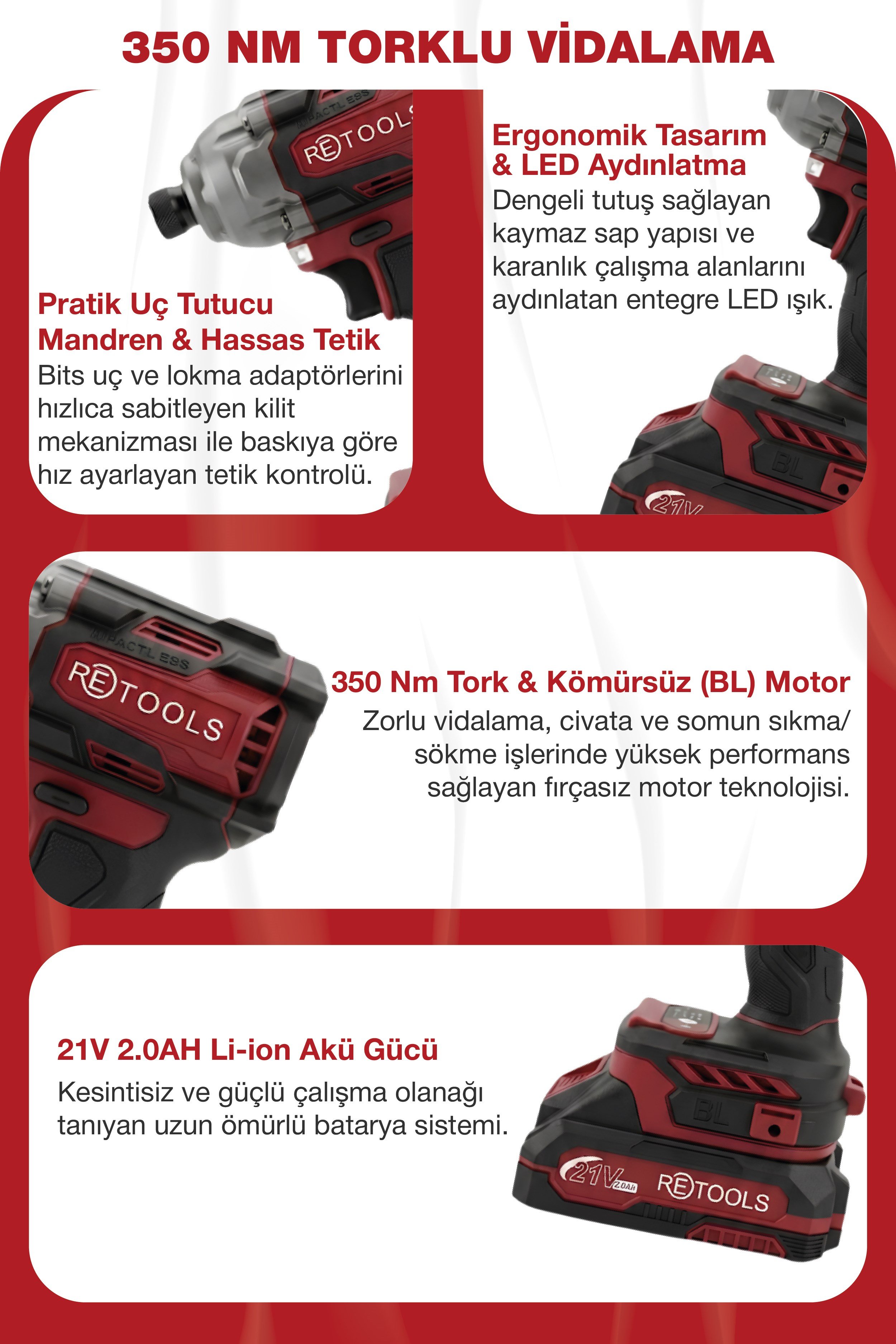 RETOOLS BORDO 2'Lİ SET(ŞARJLI TORKLU VİDALAMA-ŞARJLI MATKAP)