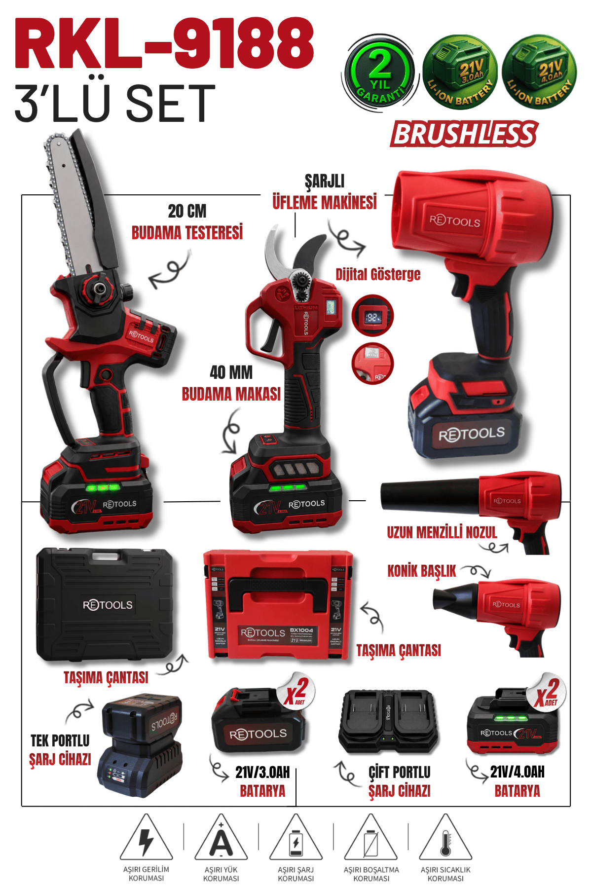 Retools bordo 3'lü set (makas - dijital testere - hava üfleme)